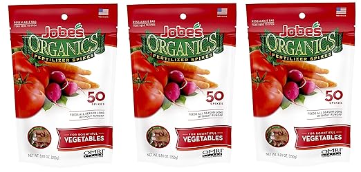 Jobe’s Organics Vegetable &amp Tomato Fertilizer Spikes 2-7-4 Time Release Fertilizer for All Vegetables Herbs and Tomato Plants 50 Spikes per Package (3 1 Pack)