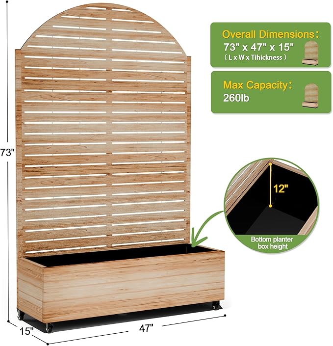 FENCY Metal Raised Garden Bed with Wheels and TrellisArched 73x47x16 Planter Box for Climbing Plants Vegetables &amp Vines Features Privacy Screen and Drainage Holes (Acacia Wood Finish)