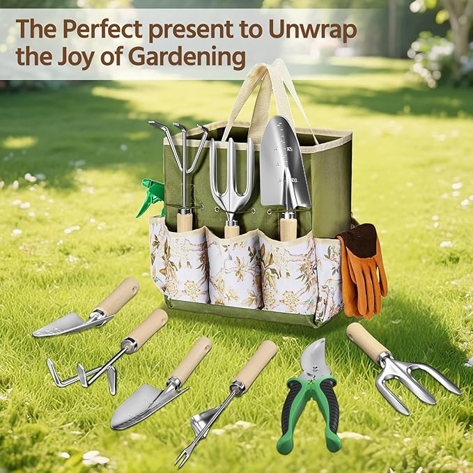 LASZOLA 9 Pcs Garden Tools Set with Tote Bag and Hand Trowel Rake Shovel Heavy Duty Stainless Steel Gardening Kit for Outdoor Plant Standable Portable Handbag Organizer Ideal for Women Mom Green
