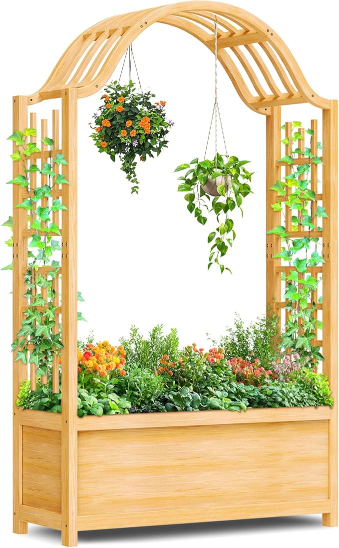 SUNYRISY Raised Garden Bed with Arch Trellis Wooden Outdoor Vertical Planter Box for Climbing Plant Vine Flowers Vegetables Planter Raised Bed with Hanging Roof and Drainage Holes