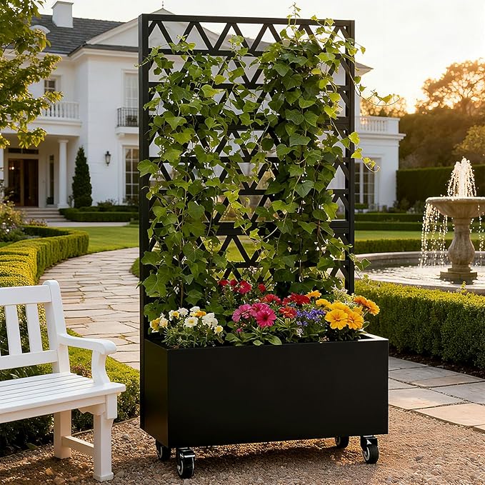 Metal Planter Box with Trellis 73-Inch Tall Raised Garden Bed with Wheels Privacy Screen Planter for Climbing Plants Vegetables &amp Vines Galvanized Steel Outdoor Privacy Shield Black (Square-1