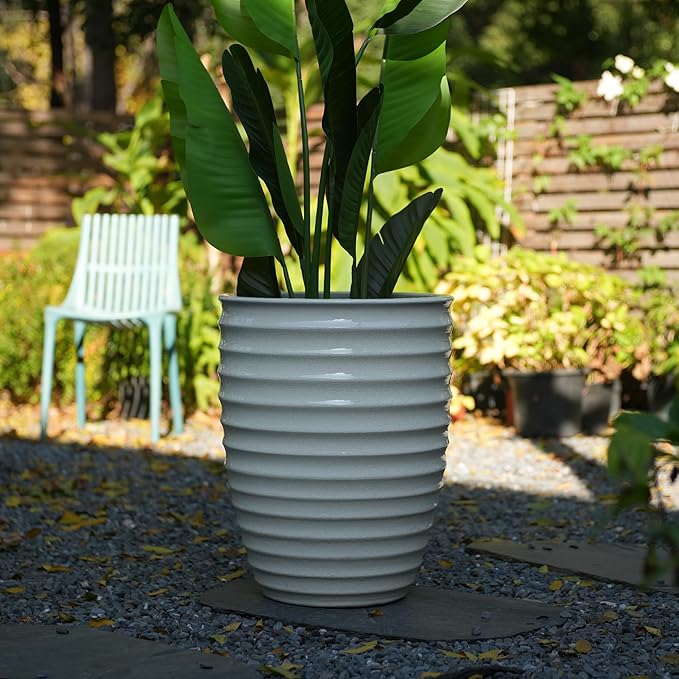 Handmade White Ceramic Planter 17 Diameter 1 Horizontal Ripple Ice Crack Pattern for Monstera and Fiddle Leaf Fig Indoor Outdoor Doorway Use Breathable Clay