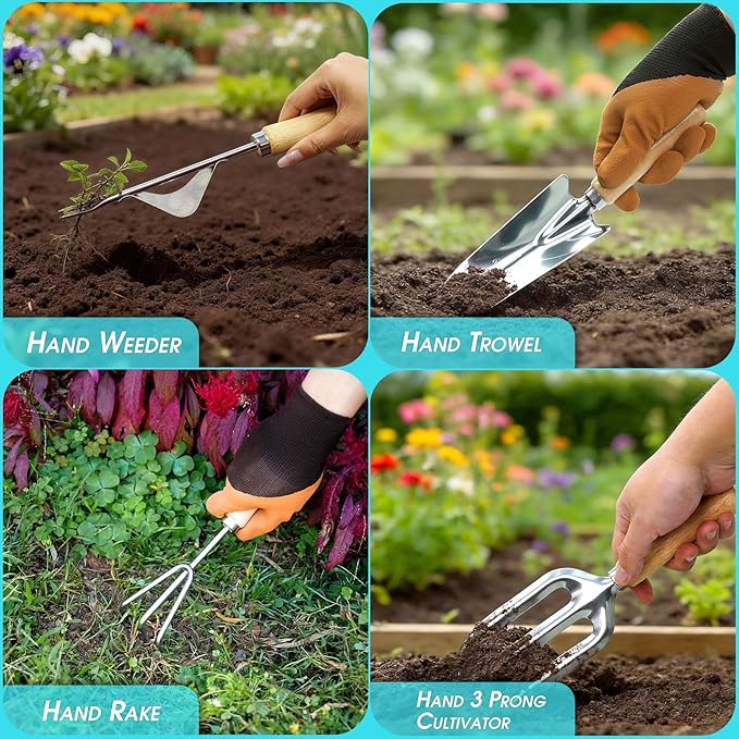 Garden Tool Set 10 PCS Gardening Essentials Stainless Steel Garden Hand Tools with Tote Bag Well-Designed Gardening Supplies Kit Gifts for Women Men Gardeners