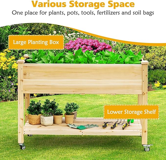S AFSTAR Raised Garden Bed with Wheels 48 L X 24 W X 33 H Wooden Elevated Planter w/Lockable Wheels Storage Shelf Bed Liner Raised Garden Boxes for Backyard Patio Balcony 110lb Capacity