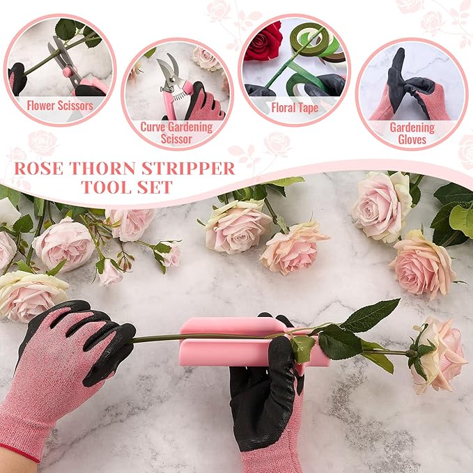 9 Pcs Rose Thorn Remover Set Include 1 Flower Thorn Stripper Tool 5 Floral Tape 1 Flower Scissor 1 Curve Gardening Scissors 1 Pair Gardening Gloves for Valentine Women Mother Gift (Pink)