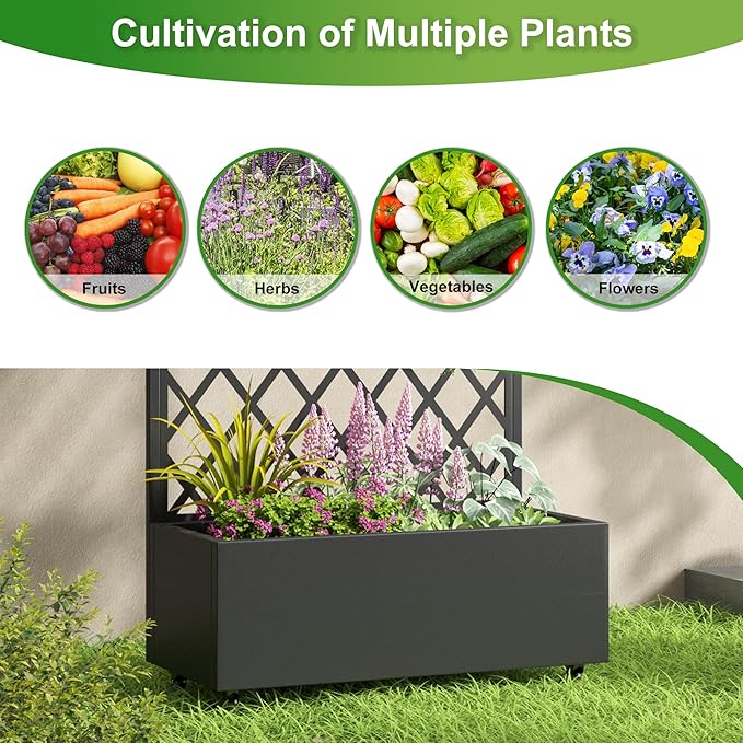 Casaphoria Metal Raised Garden Bed with Trellis and Wheels 72x35x16 Planter Box for Climbing Plants Vegetables &amp Vines Features Drainage Holes and Privacy Screen (Black-Rhombus)