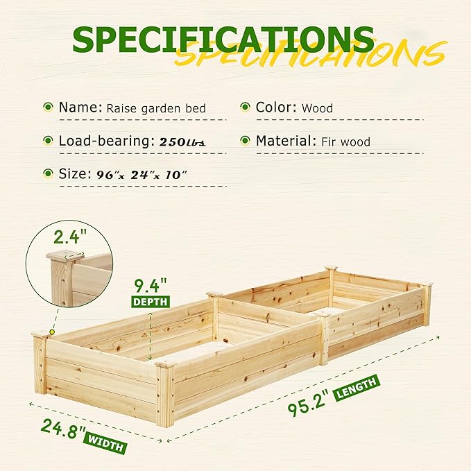 8FT Wooden Raised Garden Bed - Elevated Planter Box for Vegetables Flowers - Natural Outdoor Planting Kit for Patio Yard Backyard