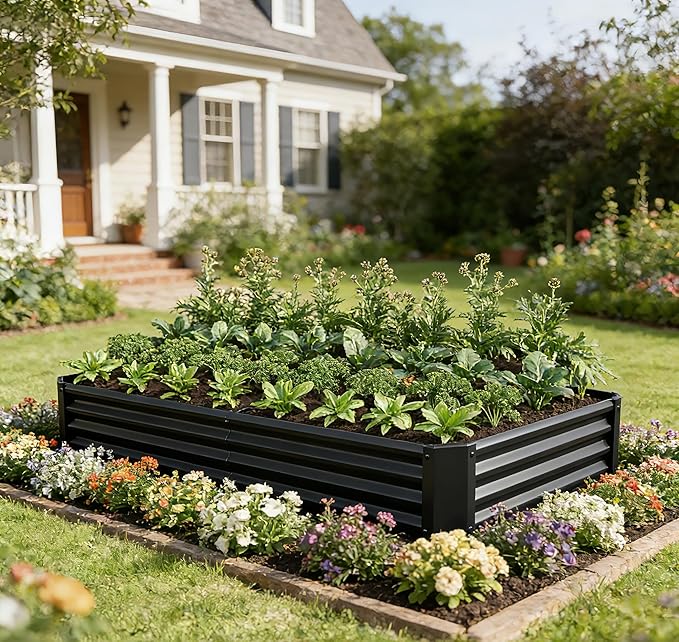 Metal Galvanized Raised Garden Bed Kit 6 x 3 x 1 ft Galvanized Steel Raised Garden Planter Box Outdoor with Open Base for Growing Vegetables/Flowers/Herbs/Fruits/Succulents Rectangle Black