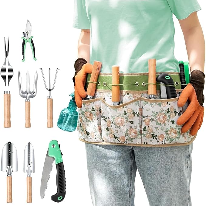9-Piece Heavy Duty Garden Tools Set with Tote Bag Stainless Steel Gardening Kit with Ergonomic Handles Rust-Proof Outdoor Gift Set for Women Gardening Gifts