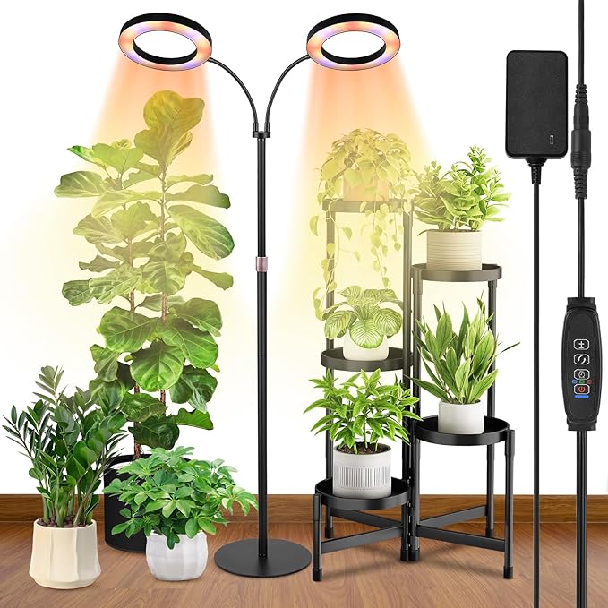 Dual-Head Grow Lights for Indoor Plants LED Full Spectrum Floor Plant Lamp with Timer 3/9/12H 10 Dimmable Levels Flexible Gooseneck Height Adjustable 23-67 for Large Houseplants