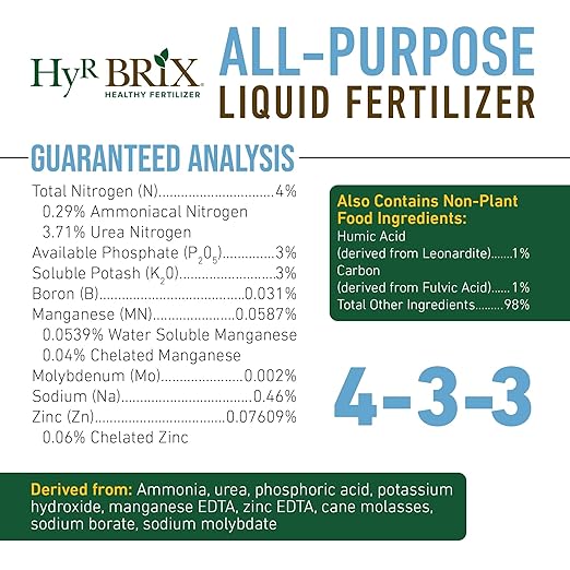HyR BRIX All-Purpose Liquid 4-3-3 Fertilizer 1 Gallon - Fast-Acting Plant Food with Micronutrients Humic &amp Fulvic Acids - Ideal for Vegetables Flowers Fruits &amp Houseplants