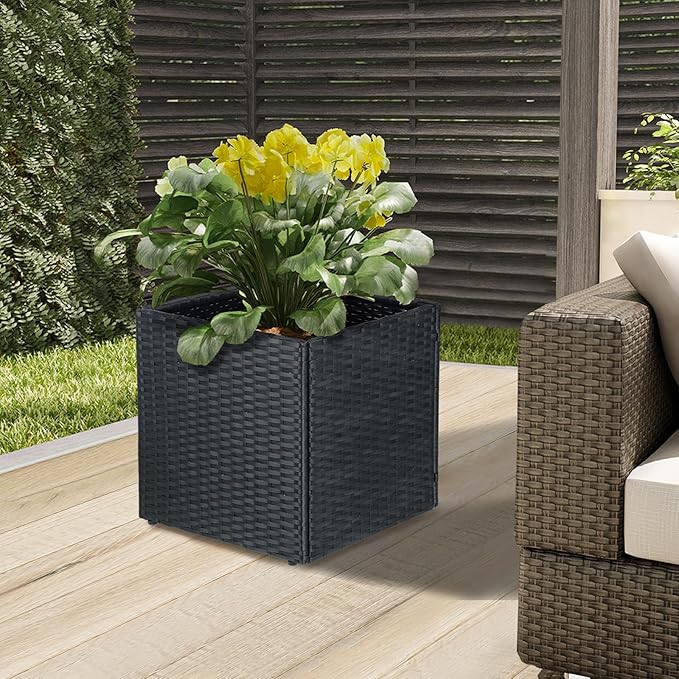 SUNNYPARK Set of 2 Large Square Planter with Removable Liner All-Weather PE Rattan Modern Planters Indoor Outdoor Flower Plant Pots Garden Box Patio Yard Front Porch Deck