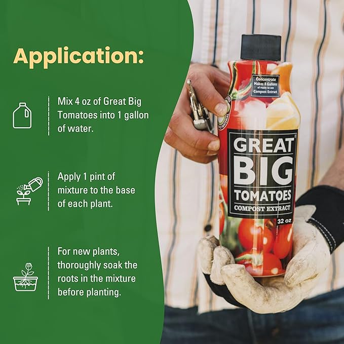 Great Big Tomatoes Soil &amp Fertilizer Booster for Big Vegetable Yields Better Fertilizer &amp Plant Food Efficiency and Garden Performance. Perfect for Beginners. 32 Ounce Concentrate (Makes 8 G