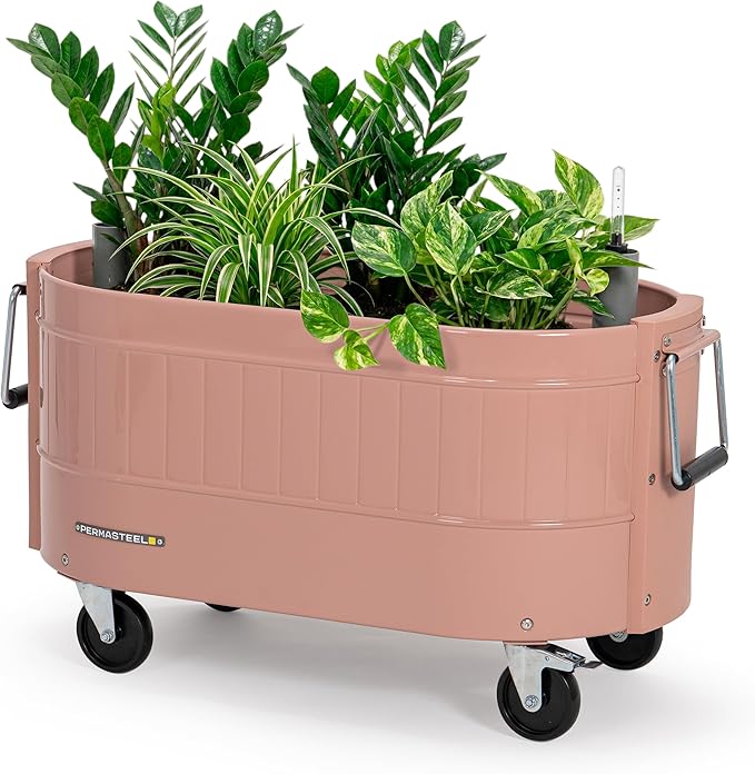 Permasteel Self-Watering Garden Bed Rolling Planter for Vegetables Flowers Herbs and Fruit Outdoor Indoor Caster Wheels Pink