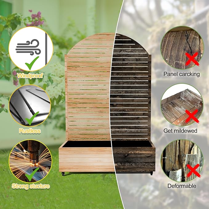 FENCY Metal Raised Garden Bed with Wheels and TrellisArched 73x47x16 Planter Box for Climbing Plants Vegetables &amp Vines Features Privacy Screen and Drainage Holes (Acacia Wood Finish)