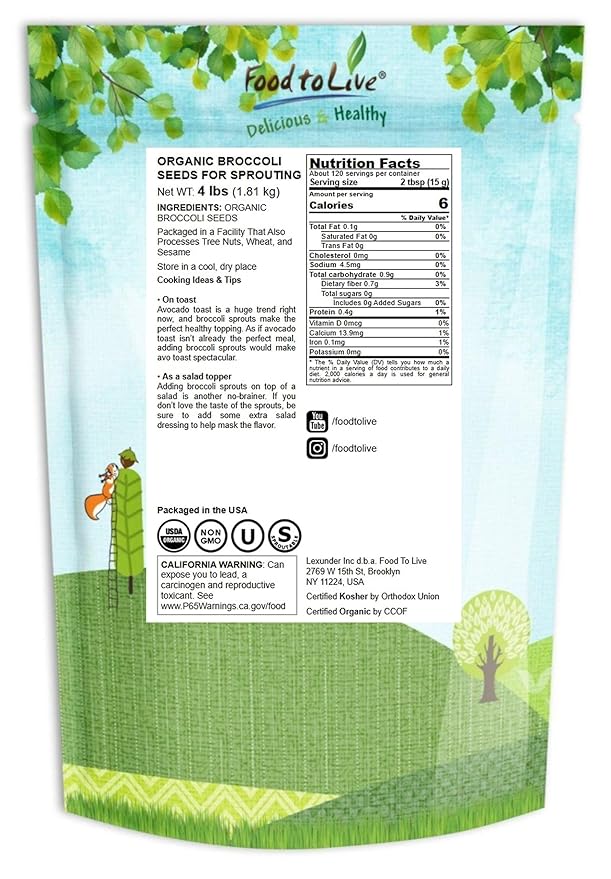 Food to Live Organic Broccoli Seeds for Sprouting 4 Pounds – Non-GMO Vegan Kosher Sirtfood Bulk. Rich in Sulforaphane Vitamin C. Grow Sprouts Microgreens for Salads and Sandwiches