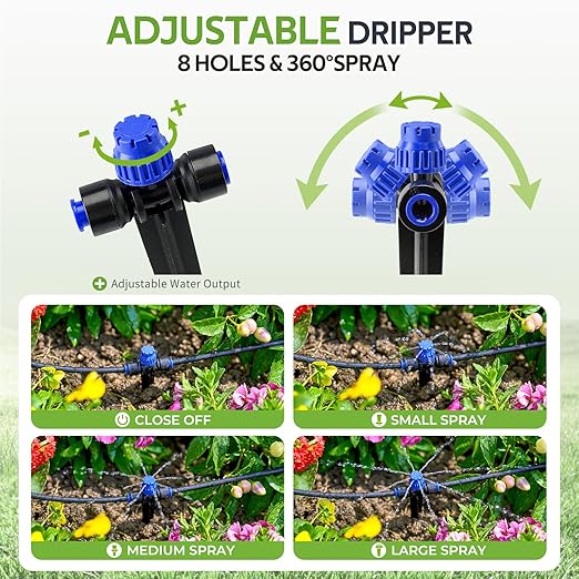 HIRALIY 50FT Garden Drip Irrigation Kit Automatic Watering System with 5-Way Connector Quick Connectors Adjustable Drippers Raised Bed Patio