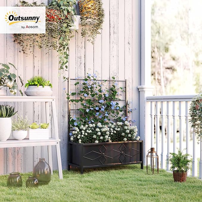 Outsunny Planter Box with Trellis 35.4 x 15.7 x 47.2 inch Raised Garden Bed with Drainage Holes Planters for Outdoor Plants Vegetables Flowers Herbs Trellis Planter Black