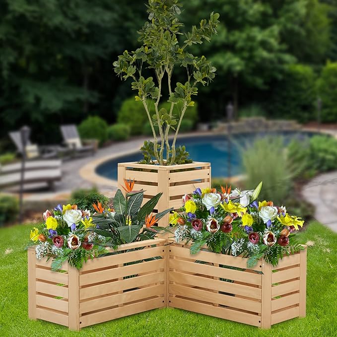 MCombo 2 Tier Corner Raised Garden Bed Outdoor Wooden Planter Box Elevated Garden Bed with Liners for Vegetables Herbs and Flowers 0315