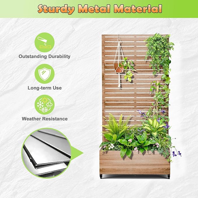 Metal Raised Garden Bed with Trellis 2-in-1 Planter Box &amp Privacy Screen for Climbing Plants Outdoor Standing Flower Bed with Drainage Holes 35.4 L x 15.7 W x 70.1 H Cut Oak Grain