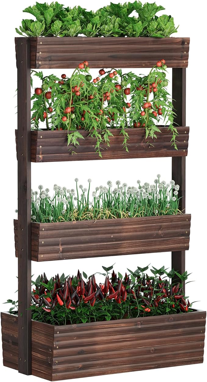 FILWH Wooden Raised Garden Bed Vertical Planter Box Freestanding Plant Stand for Indoor Outdoor Plants Herbs Flowers Vegetables Gardening (Carbonized 4-Tier29.9 x 17.9 x 55in)