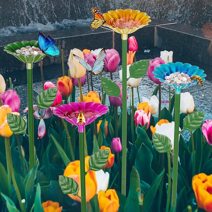 4 Pack Bee Watering Station Bee Bath for Garden Metal Bee Water Feeder with Flower Design Colorful Butterfly Bee Bath Bowl for Outdoor Garden Yard Decor (RedGreenBlueYellow)