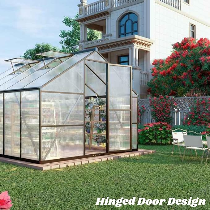 8 x 14 FT Greenhouse for Outdoors Polycarbonate Greenhouse with Quick Setup Structure and Roof Vent Aluminum Large Walk-in Green House for Outside Garden Backyard Dark Gray