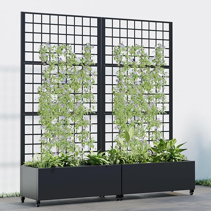 Casaphoria 72x35 Metal Raised Garden Bed with Trellis(2 Pack) Outdoor Planter Box with Wheels &amp Drainage Holes for Climbing Plants Flowers Elevated Garden Kit with Privacy Screen Black-Gird