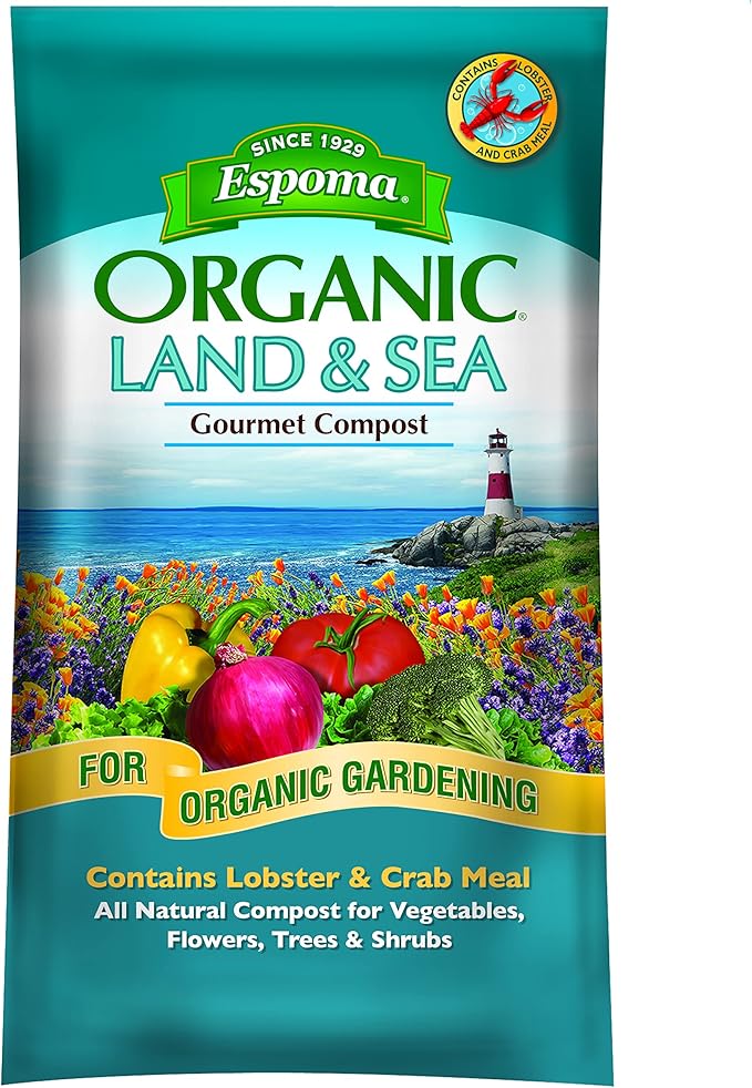 Espoma Organic Land and Sea Gourmet Compost with Lobster &amp Crab Meal the Best of Both Worlds! Gourmet Planting Mix for Vegetables Flowers Trees &amp Shrubs. 1 Cubic Foot Bag