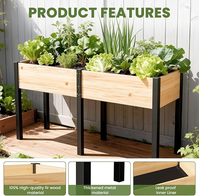 SUNYRISY Dual Wooden Raised Garden Bed Outdoor with Metal Legs for Gardening 71 L x 23.6 W x 31.5 Elevated Planter Garden Box Raised Bed for Vegetable Flower Herb