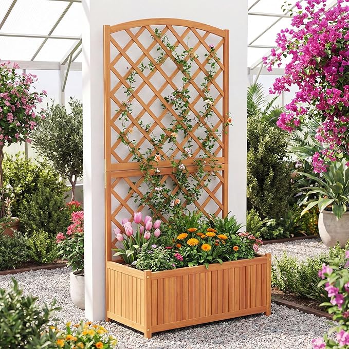 S AFSTAR 2 Pieces Wooden Raised Garden Bed with Trellis 63 Tall Planter Box with Drainage for Vines Climbing Plants Flowers Herbs Elevated Gardening Planter for Backyard Balcony &amp Patio