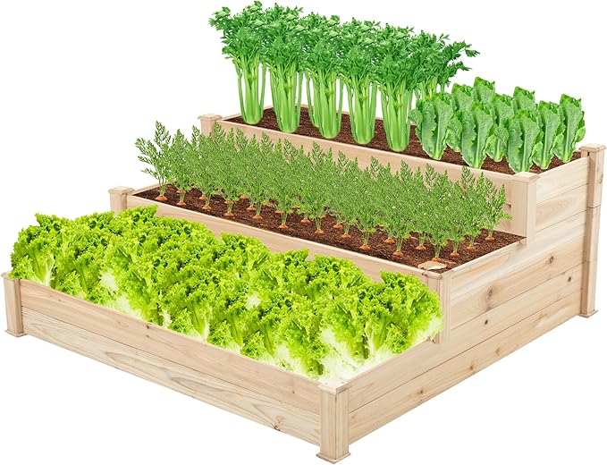 GERRIT 48.6 x 48.6 x 21inch 3 Tier Raised Garden Bed Horticulture Outdoor Elevated Flower Box Wooden Tiered Garden Bed Vegetables Growing Planter for Backyard/Patio/Gardener (Natural)