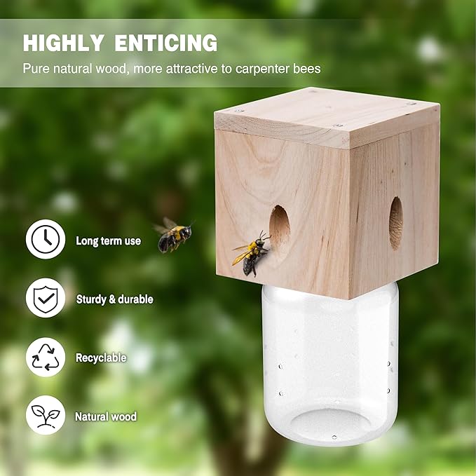 2 PCS Wood Carpenter Bee Trap for Outside - Best Bee Trap - Cube Style Nature Hanging Carpenter Bee Traps Plastic Jar Outdoor - Insect Traps
