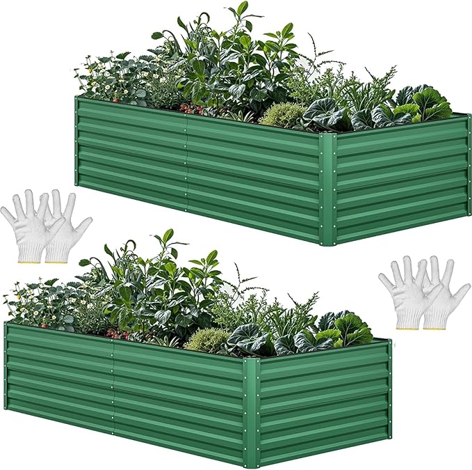 YITAHOME 6x3x2 ft 2pcs Galvanized Raised Garden Bed Kit Large Metal Planter Box with Gloves &amp Support Rod Outdoor Flower Bed for Plants Vegetables Green
