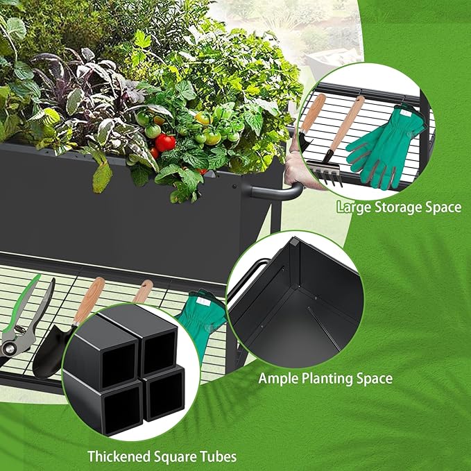 51 × 26 × 31.5 Inches Raised Garden Bed with Legs/Storage Shelf Mobile Planter Box for Outdoor Plants Elevated Garden Bed for Backyard Balcony Black