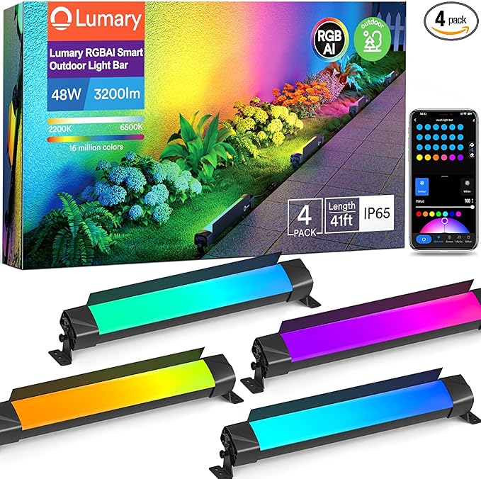 Lumary Smart Outdoor Led Light Bar RGBAIWW Color Changing Wall Washer Lights IP65 Backyard Ambient Floodlights Landscape Lighting for Room/Garden/Halloween/Christmas APP&ampVoice Control 4 Pack