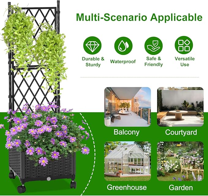 Planter with Trellis Raised Garden Beds Trellis Planter Box Outdoor Self-Watering for Gardening Climbing Vegetables Flowers Balcony Backyard Patio Black1PC
