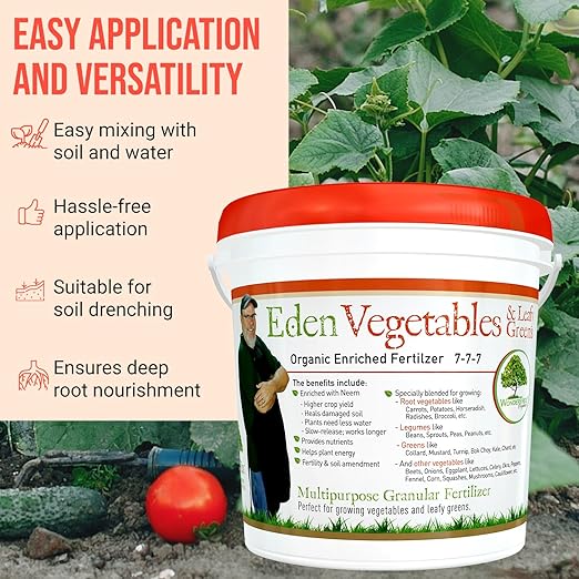 Eden Vegetables &amp Leafy Greens Organic Enriched Fertilizer - Neem Plant Food 7-7-7 Enriched Formula for Perfect Nitrogen Phosphorous &amp Potassium Balance (5 lbs)