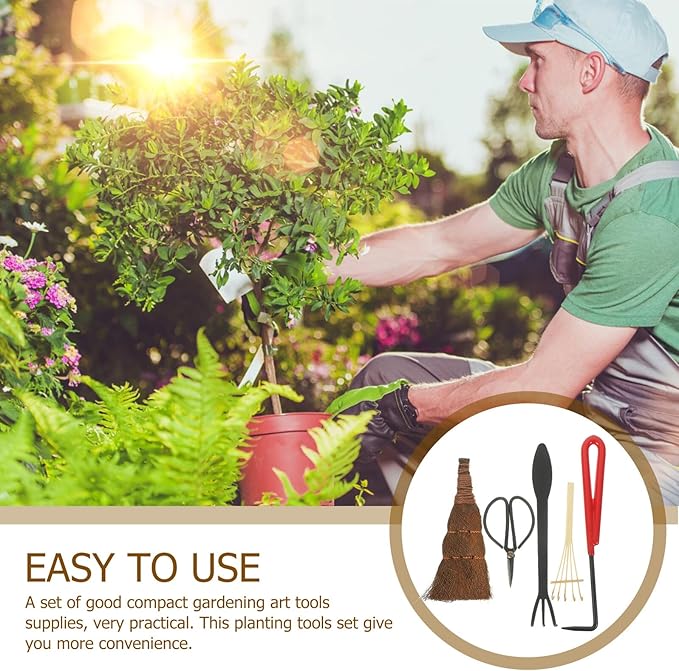 Toyvian Garden Shears and Bonsai Tools Set 5pcs for Gardening and Plant Care with Soil Loosening Rake Planting Scissors and Hand Tools Kit for Vegetable and Patio Garden Use