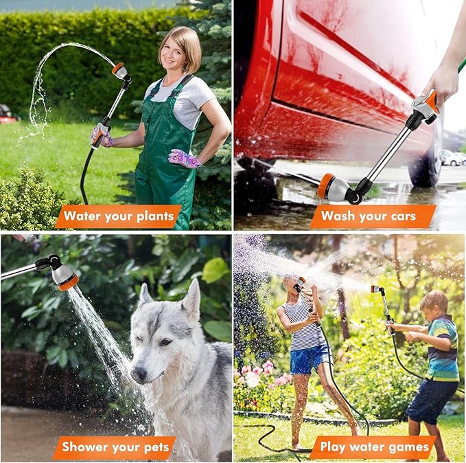 RESTMO Metal Watering Wand Heavy Duty Garden Hose Wand with 180° Swivel Ratcheting Head 16'' Hose Nozzle Sprayer with 7 Spray Patterns and Flow Control for Water Hanging Baskets and Shrubs Orange