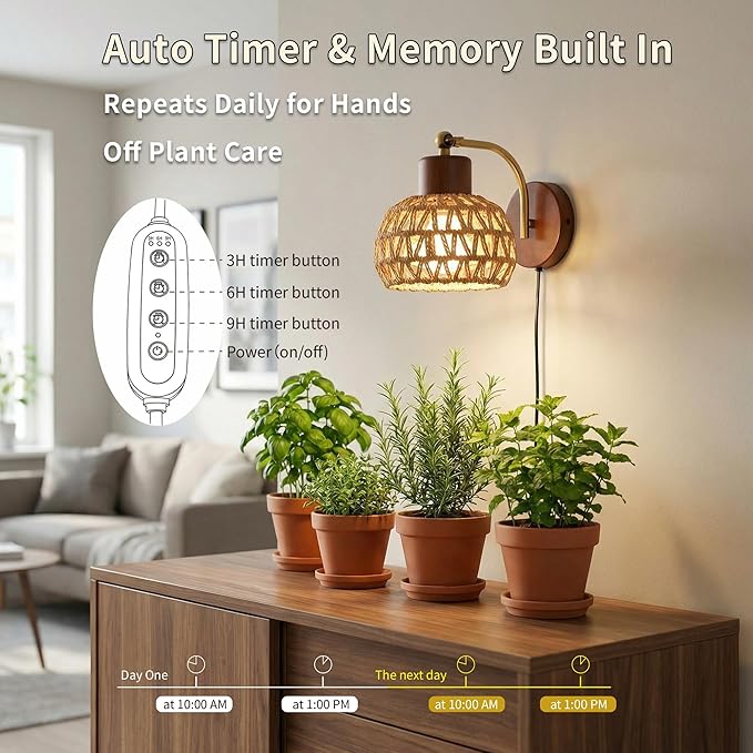 Hanging Grow Lights for Indoor Plants Auto Cycle Timer 18W Full Spectrum Wall Mounted Grow Light Boho Rattan Lantern Shade Adjustable Head 16 FT Power Cord for Indoor Plant Growing Flowers