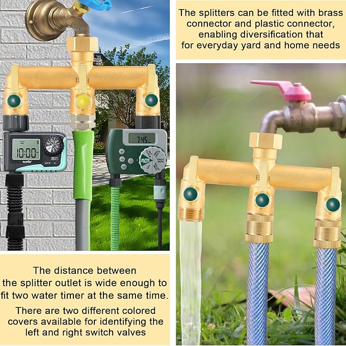 EBH Brass Garden Hose Splitter 3 Way High Flow Outdoor Faucet SplitterFull Flow 3-Way Brass Heavy Duty Hose Splitter With 3 Long Metal Handle and Individual On/Off Valve。