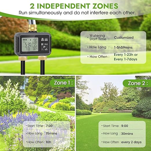 120FT Drip Irrigation System with Smart Water Timer – Automatic Garden Watering Kit with Dual Metal Tube Brass Connectors 360° Adjustable Nozzles &amp Bendable Tubing for Garden Greenhouse &amp La