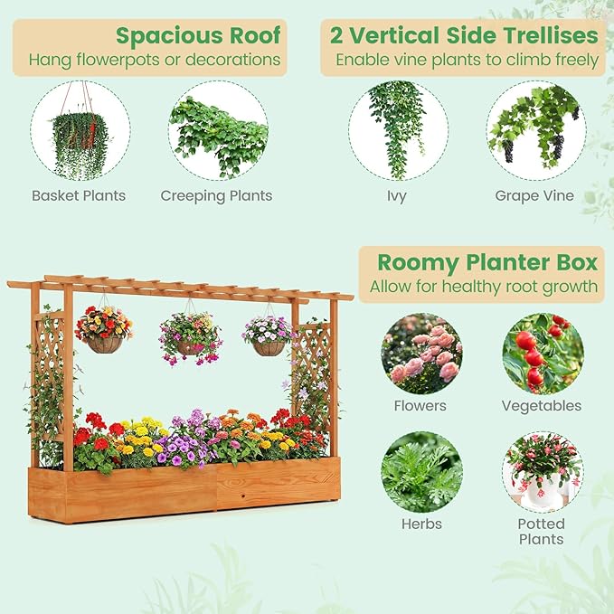 45-Inch Raised Garden Bed Wood Garden Freestanding Elevated Planter with Hanging Roof Drainage Holes for Vine Climbing Plants Flowers Planter Box with Trellis for Garden Patio Yard
