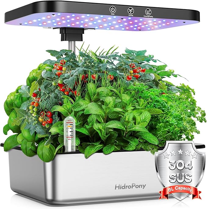 Indoor Garden Hydroponics Growing System: 15 Pods Stainless Steel Herb Garden Kit with Grow Light Plant Germination Kit 6L Large Tank Quiet Pump Auto Timer Christmas Gardening Gift for Women
