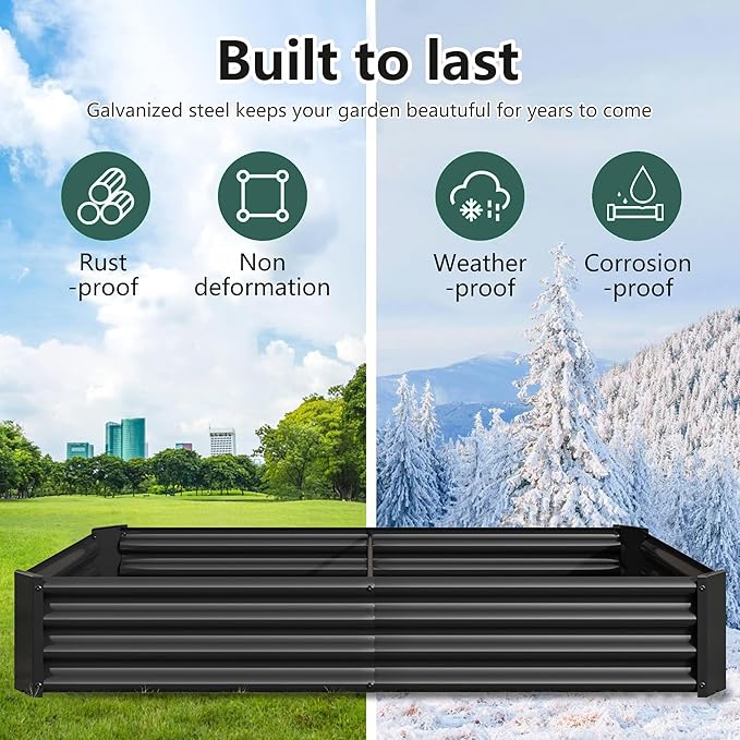 Raised Garden Beds Outdoor for Gardening 6×3×1ft Galvanized Rectangular Plastic Raised Planter Garden Box for Fruit Vegetables Herbs Flowers Growing Bed for Lawn Patio Balcony Black