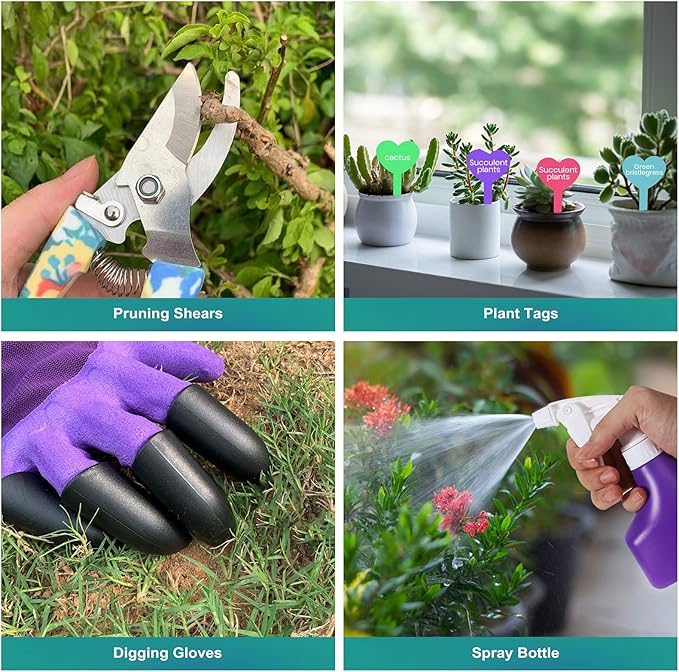 Garden Tool Set Stainless Steel Heavy Duty Gardening Tools 30 PCS w/Floral Print Trowel Rake Weeder Pruner Shears Sprayer Digging Claw Gloves Ideal Gardening Set for Women