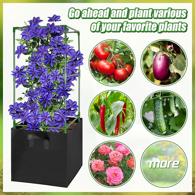 ANPHSIN Tomato Cages with 17 Gallon Grow Bags - 46'' Heavy-Duty Plant Support Cage Kit Garden Pots with Square Plant Trellis for Flowers Vegetables Cucumber Vertical Climbing Vines 2 Sets