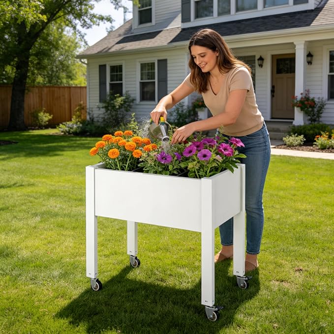 Miory Raised Garden Bed with Wheels Mobile Raised Planter Elevated Garden Bed with Water Level Monitor and Drainage System Planter Box for Garden Outdoor Patio Balcony