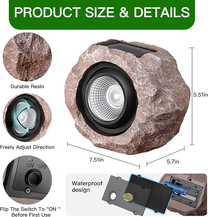 Timeflies Solar Rock Lights Outdoor 2 Pack Super Bright Solar Spot Lights Outdoor IP65 Waterproof Solar Yard Lights Auto On/Off Garden Decor for Outside Paths Sidewalks Yards Landscapes Patios